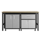 Manhattan Comfort Fortress 3pc Mobile Space Saving Garage Cabinet and Worktable Set 2.0 Gray: Lockable Storage, Adjustable Shelves, Casters
