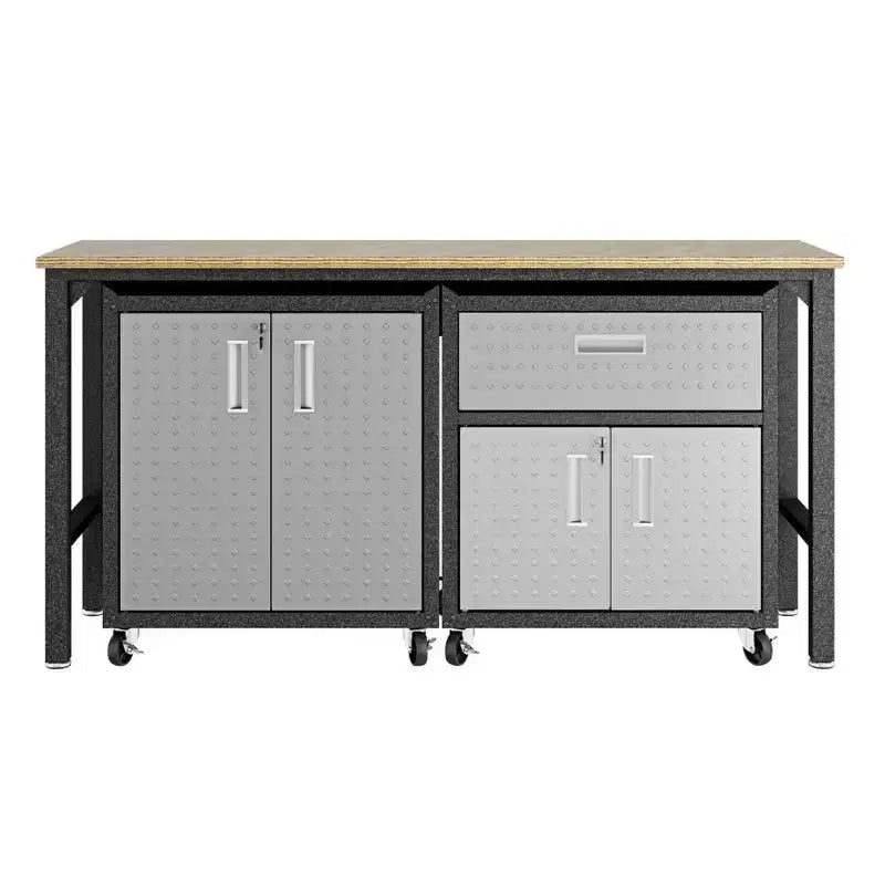 Manhattan Comfort Fortress 3pc Mobile Space Saving Garage Cabinet and Worktable Set 2.0 Gray: Lockable Storage, Adjustable Shelves, Casters