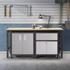 Manhattan Comfort Fortress Ensemble 3 pièces d'armoires de garage et de table de travail mobiles et compactes 2.0 Gris : Rangement verrouillable, étagères réglables, roulettes