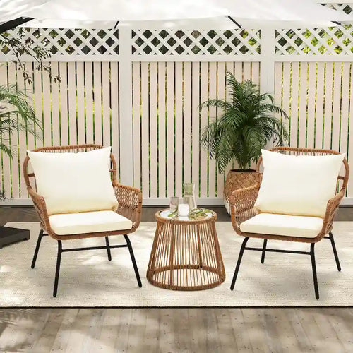 Ensemble de bistro 3 pièces pour terrasse, salon de jardin en rotin tressé avec table en verre et 2 fauteuils larges, coussins d'assise