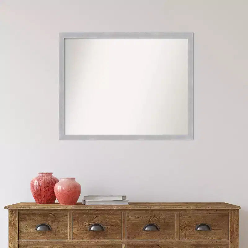 Miroir mural étroit Grace 30" x 24" sans biseau en nickel brossé - Amanti Art : Rectangle moderne, cadre en polystyrène