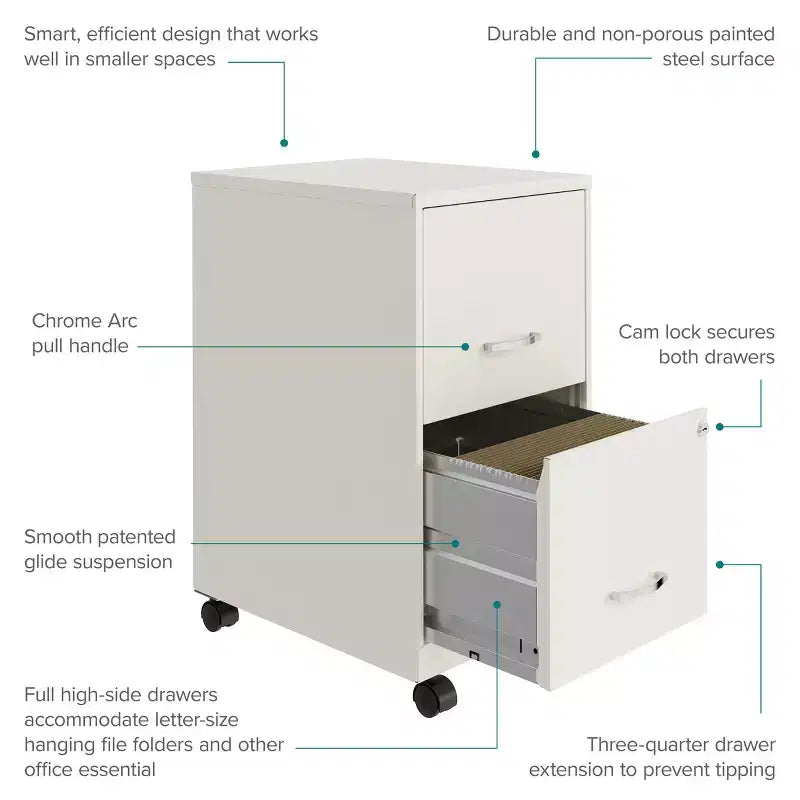Solutions de rangement Meuble de classement vertical mobile à 2 tiroirs de 45,7 cm de profondeur et de largeur courrier Blanc perle