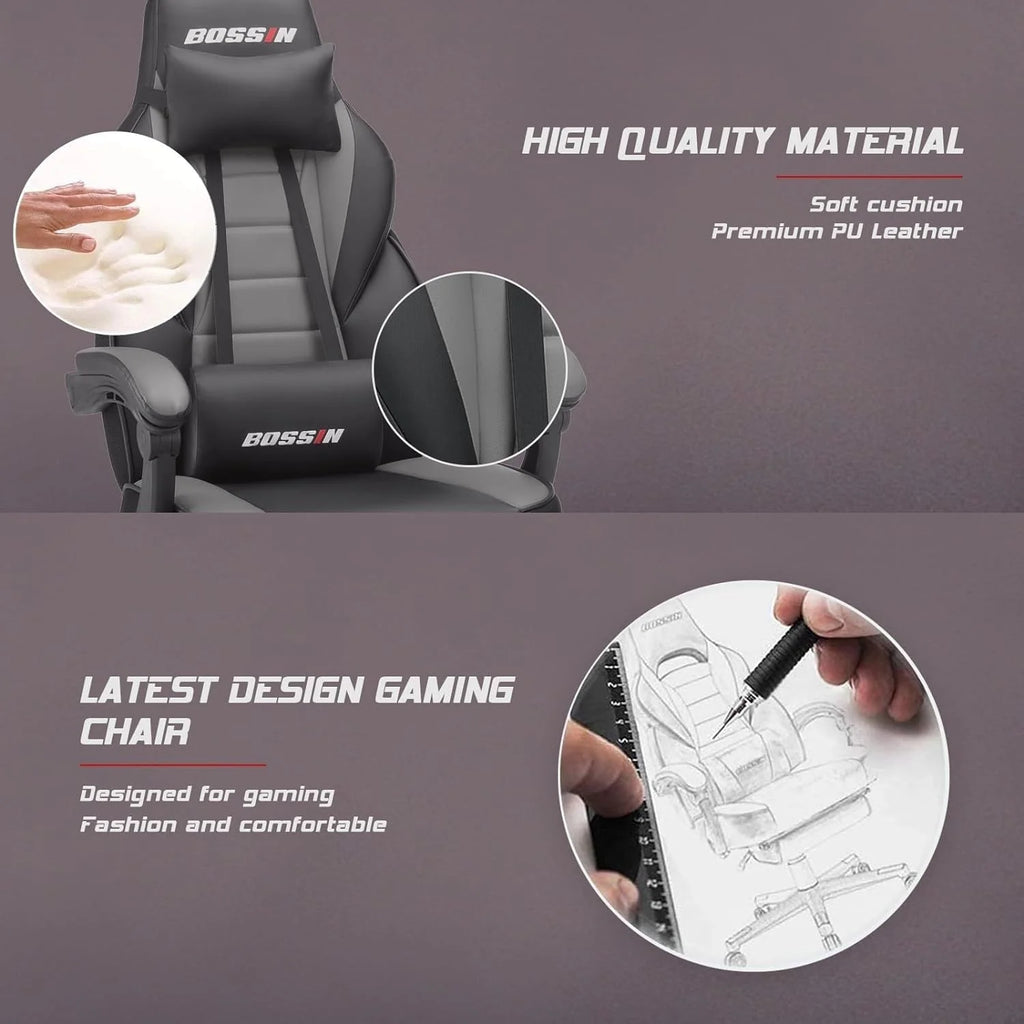 Chaise de jeu style course BOSSIN, fauteuil gamer grande taille 300 lb, chaise d'ordinateur à dossier haut