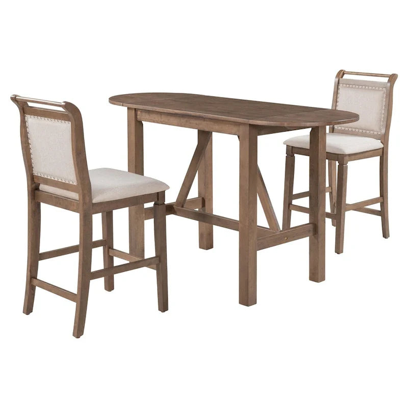 Ensemble de salle à manger 3 pièces en bois à hauteur de comptoir avec rallonge pliable