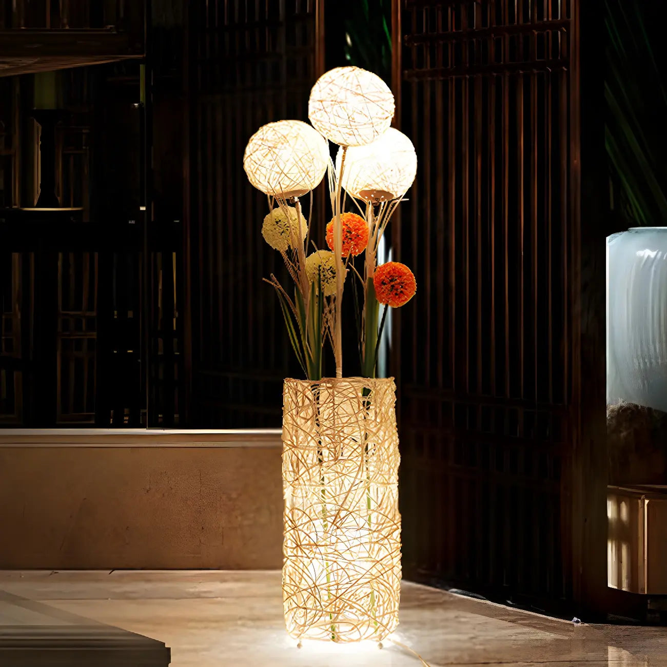 Lampadaire LED en rotin à brancher pour salon