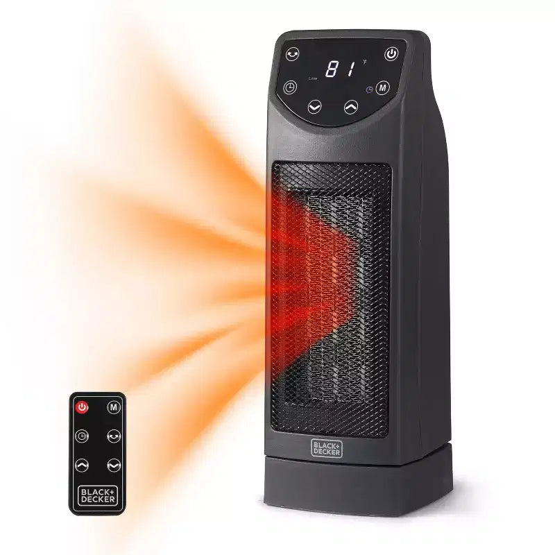 BLACK+DECKER Oscillating Ceramic Desktop Heater with Remote, 1500W, Adjustable Thermostat, Fan Only and 2 Heat Settings, BHTC650R, Black