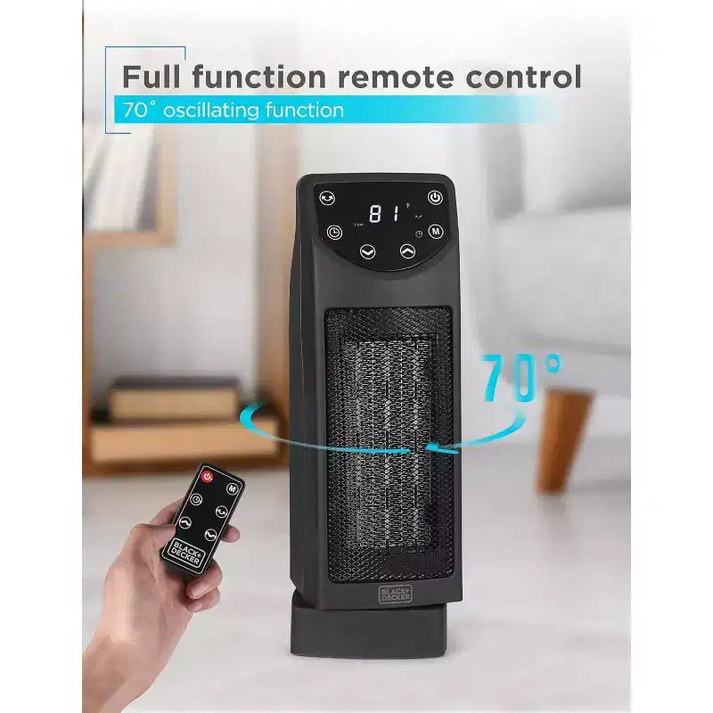 Chauffage de bureau en céramique oscillant BLACK+DECKER avec télécommande, 1500 W, thermostat réglable, fonction ventilateur seul et 2 réglages de chaleur, BHTC650R, noir