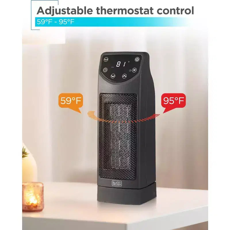 Chauffage de bureau en céramique oscillant BLACK+DECKER avec télécommande, 1500 W, thermostat réglable, fonction ventilateur seul et 2 réglages de chaleur, BHTC650R, noir