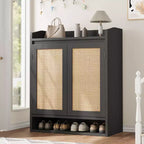 Rattan Shoe Cabinet with 2 Doors, 5-Tier Shoe Storage Cabinet with Adjustable Shelves, Wooden Shoe Storage Organizer for Entryway, Hallway, Black