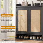 Meuble à chaussures en rotin à 2 portes, meuble de rangement pour chaussures à 5 niveaux avec étagères réglables, organisateur de rangement pour chaussures en bois pour entrée, couloir, noir