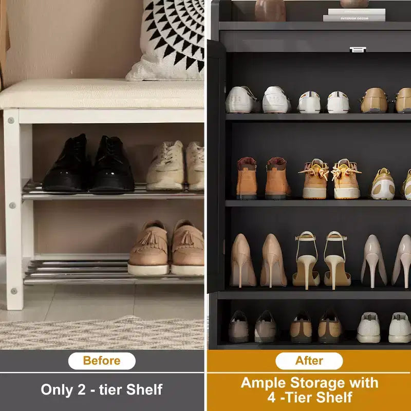 Meuble à chaussures en rotin à 2 portes, meuble de rangement pour chaussures à 5 niveaux avec étagères réglables, organisateur de rangement pour chaussures en bois pour entrée, couloir, noir