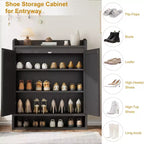 Meuble à chaussures en rotin à 2 portes, meuble de rangement pour chaussures à 5 niveaux avec étagères réglables, organisateur de rangement pour chaussures en bois pour entrée, couloir, noir