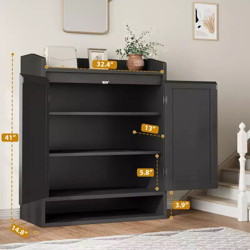 Meuble à chaussures en rotin à 2 portes, meuble de rangement pour chaussures à 5 niveaux avec étagères réglables, organisateur de rangement pour chaussures en bois pour entrée, couloir, noir