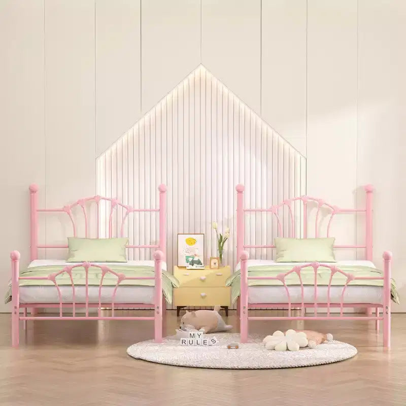 Cadre de lit double VECELO avec tête de lit et pied de lit, cadre de lit plateforme moderne en métal blanc/rose/noir