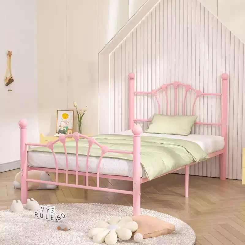 Cadre de lit double VECELO avec tête de lit et pied de lit, cadre de lit plateforme moderne en métal blanc/rose/noir