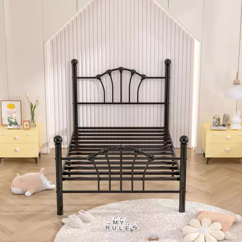 Cadre de lit double VECELO avec tête de lit et pied de lit, cadre de lit plateforme moderne en métal blanc/rose/noir