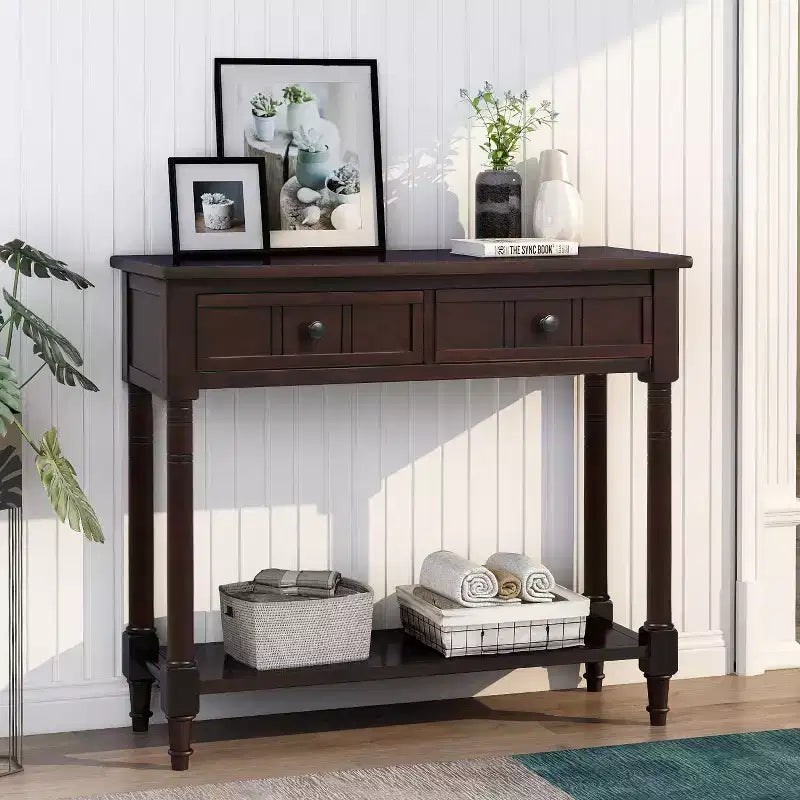 Table console rustique Whisen au design traditionnel avec deux tiroirs et une étagère inférieure