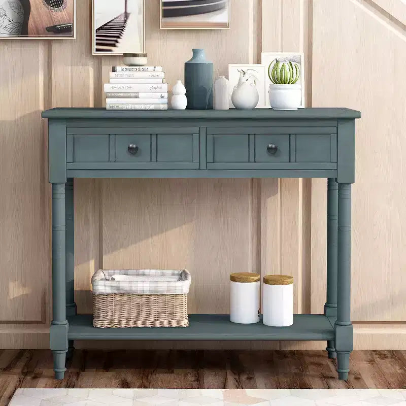 Table console rustique Whisen au design traditionnel avec deux tiroirs et une étagère inférieure