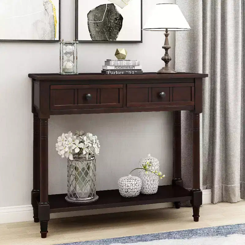 Table console rustique Whisen au design traditionnel avec deux tiroirs et une étagère inférieure
