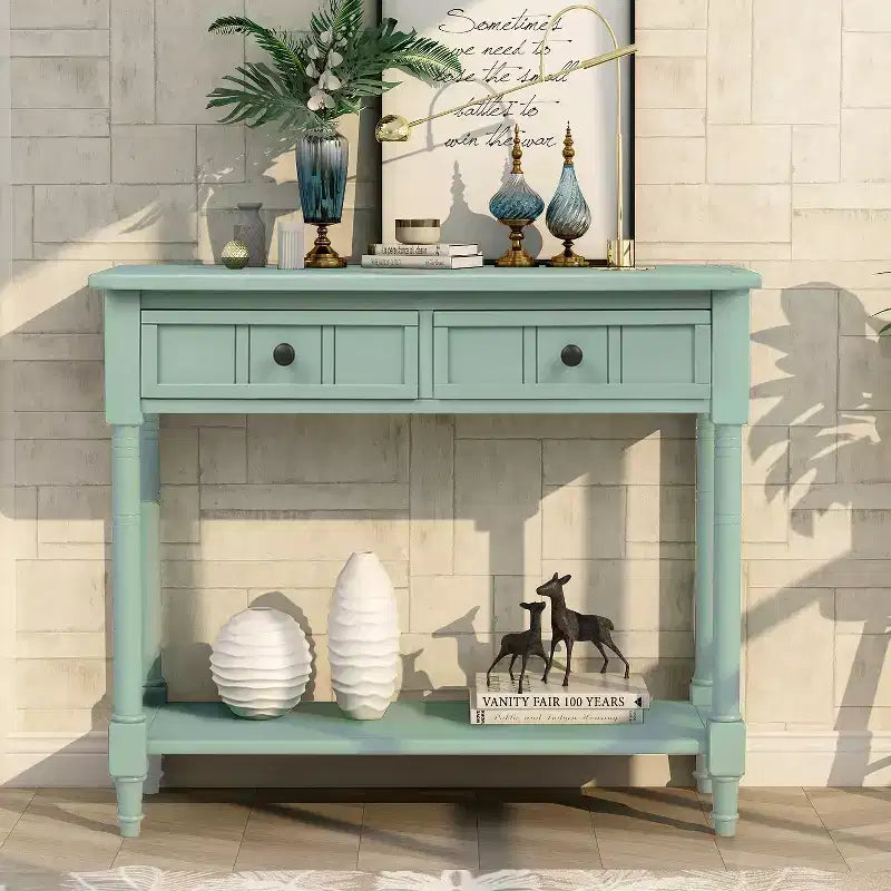 Table console rustique Whisen au design traditionnel avec deux tiroirs et une étagère inférieure