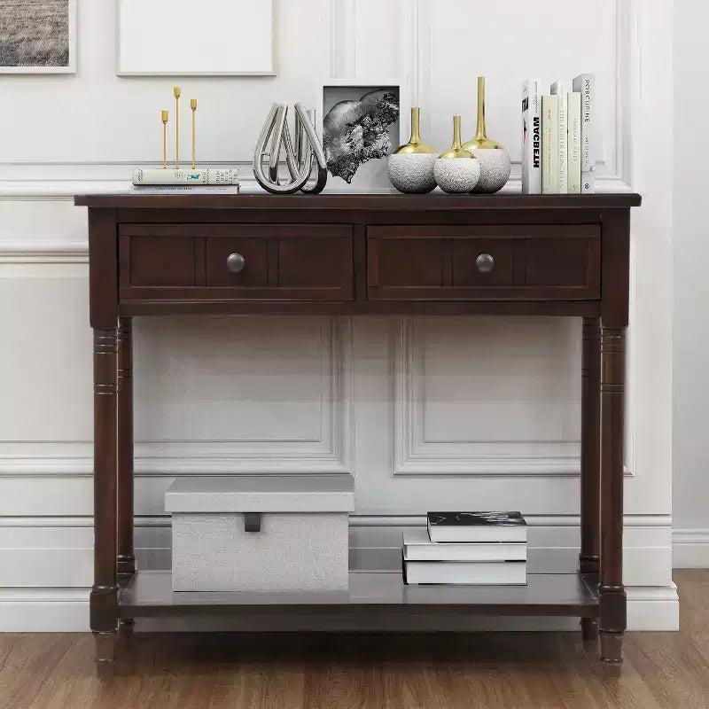 Table console rustique Whisen au design traditionnel avec deux tiroirs et une étagère inférieure