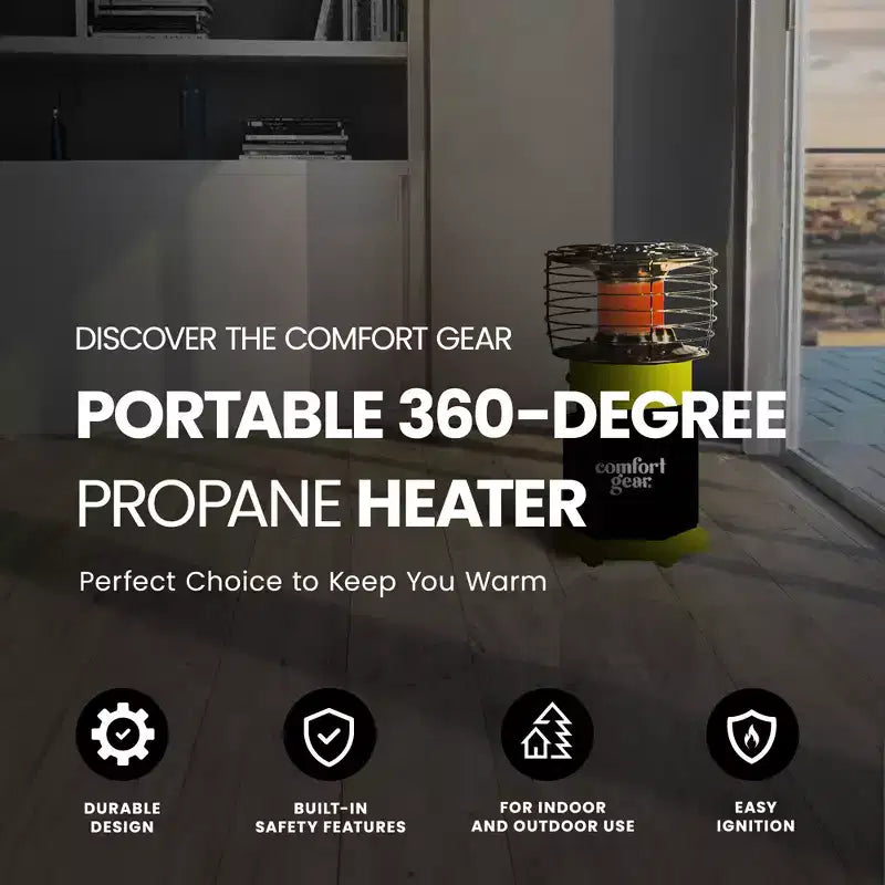 Chauffage au propane portatif Comfort Gear, lot de 2, rotatif à 360 degrés pour usage intérieur/extérieur, 7 500 à 10 000 BTU, idéal pour terrasse, garage, camping et tente