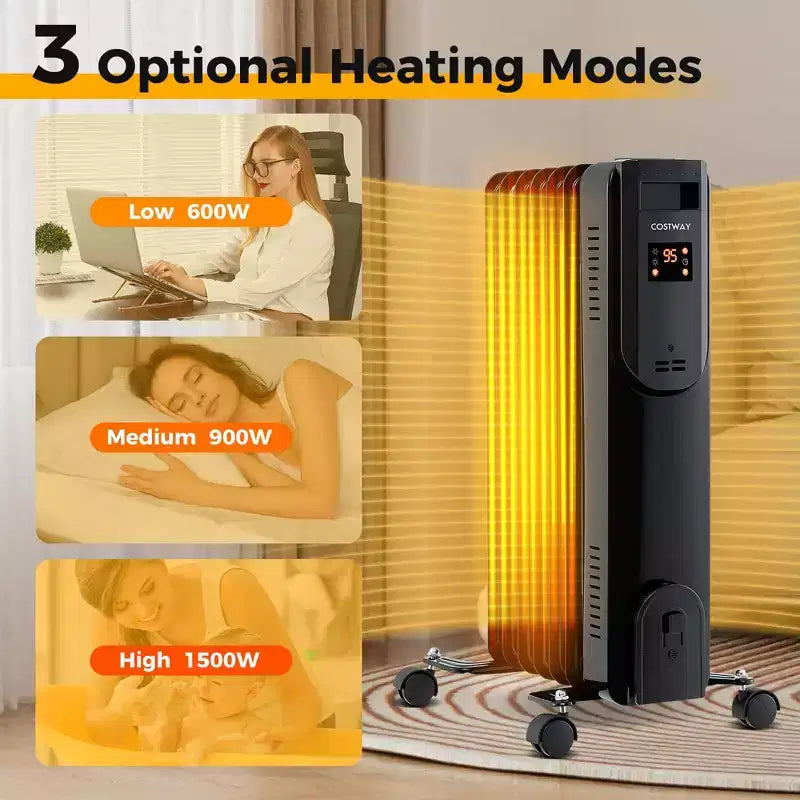 Radiateur à bain d'huile Costway avec thermostat réglable, télécommande, protection contre la surchauffe et basculement