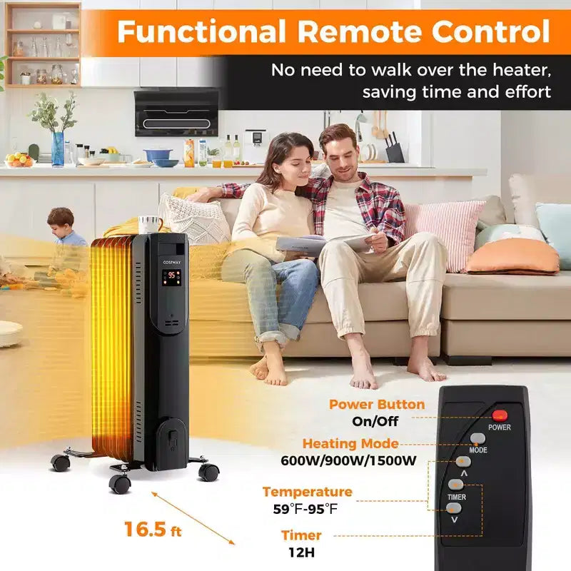 Radiateur à bain d'huile Costway avec thermostat réglable, télécommande, protection contre la surchauffe et basculement