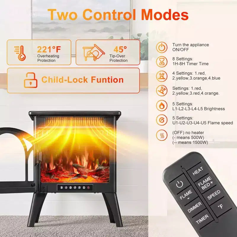 Cheminée électrique R.W.FLAME 17 pouces avec télécommande, design cathédrale, flammes, luminosité et chauffage réglables, et protection contre la surchauffe