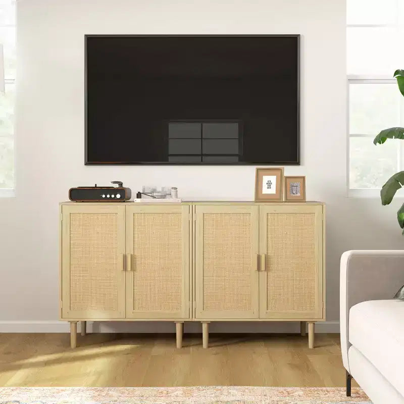 Bahut bohème HOMCOM, meuble de rangement avec portes en rotin, meuble bar à café avec étagères pour salon, couloir