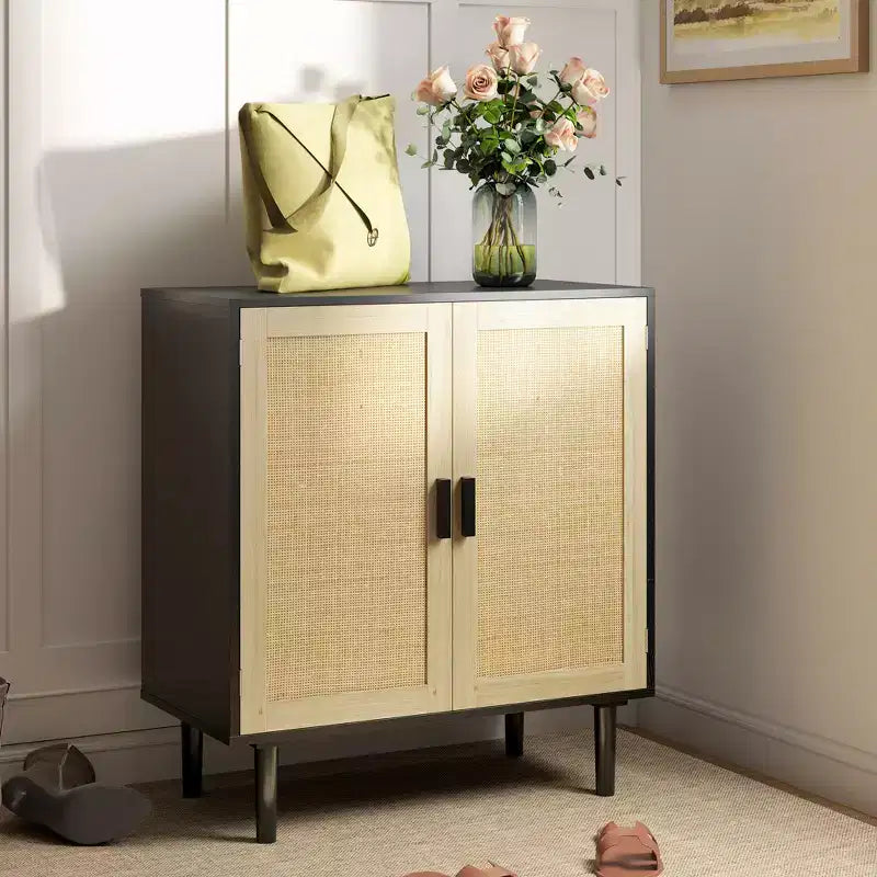 Bahut bohème HOMCOM, meuble de rangement avec portes en rotin, meuble bar à café avec étagères pour salon, couloir