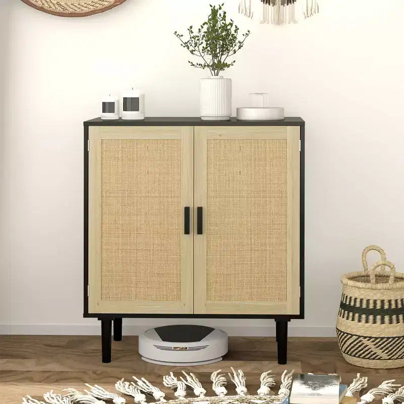 Bahut bohème HOMCOM, meuble de rangement avec portes en rotin, meuble bar à café avec étagères pour salon, couloir