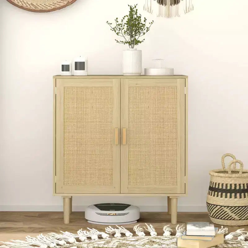 Bahut bohème HOMCOM, meuble de rangement avec portes en rotin, meuble bar à café avec étagères pour salon, couloir