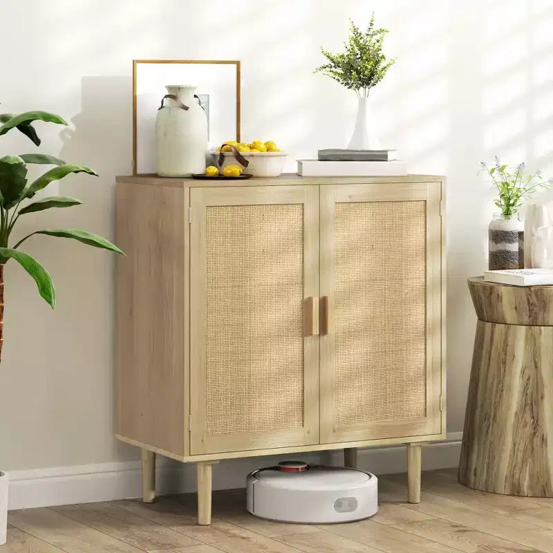 Bahut bohème HOMCOM, meuble de rangement avec portes en rotin, meuble bar à café avec étagères pour salon, couloir