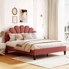 Lit plateforme capitonné Queen Size Rouge Haricot avec tête de lit florale en velours