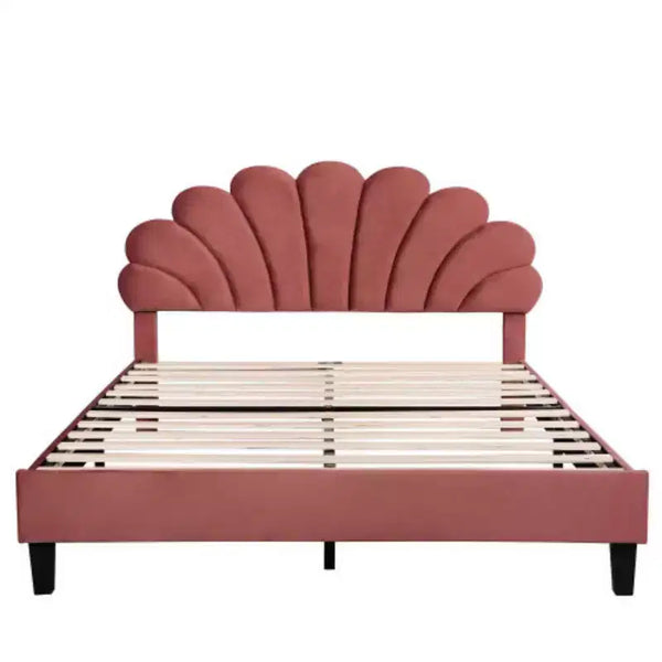 Bean Paste Red Queen-Sized Upholstered Platform Bed with Floral Velvet Headboard