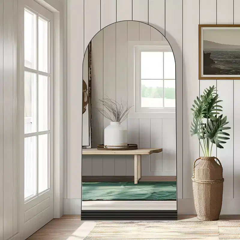 Wooden base stripe right angle arch black full-length mirror 180x80x2cm (no stand)