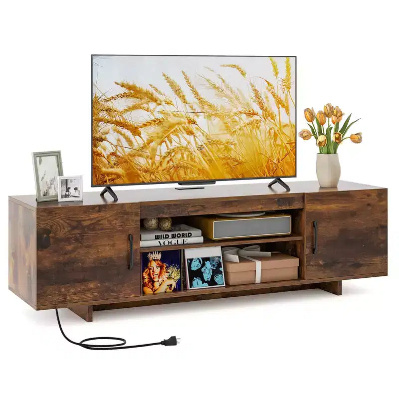 Meuble TV Costway pour téléviseurs 70 pouces, centre de divertissement moderne avec prise de courant et 2 trous pour câbles, marron/noir