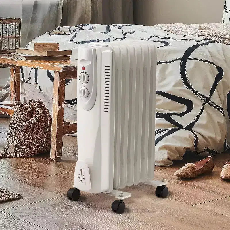 Radiateur soufflant portable, 1500W, 7 ailettes, 3 réglages de chaleur, blanc