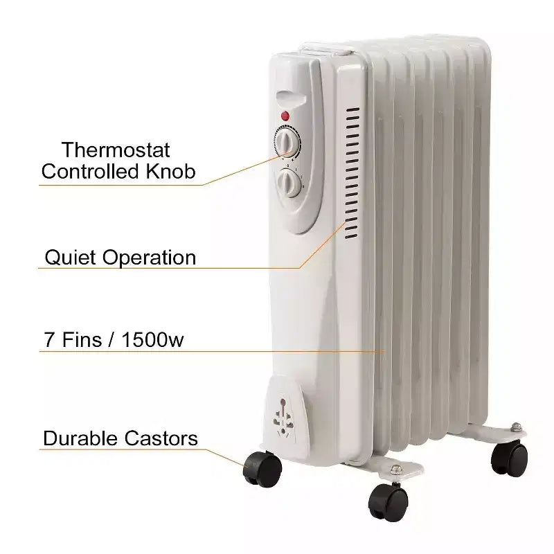 Radiateur soufflant portable, 1500W, 7 ailettes, 3 réglages de chaleur, blanc