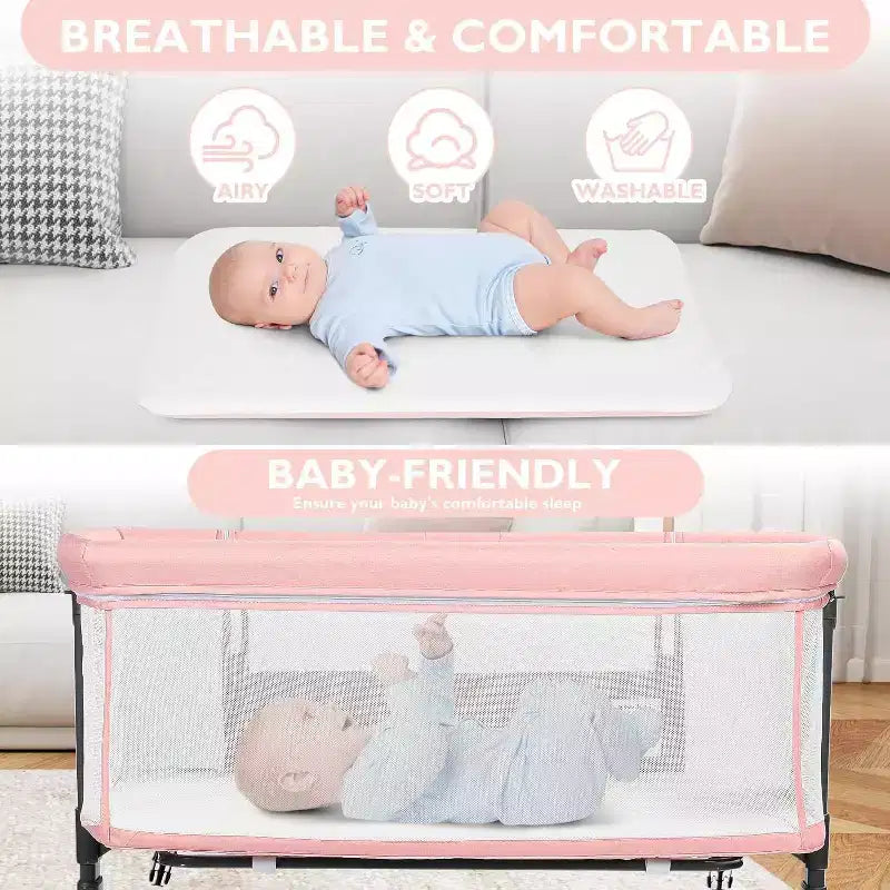 Berceau portatif Kinder King à roulettes, lit cododo tout en maille pour nouveau-né avec matelas doux amovible