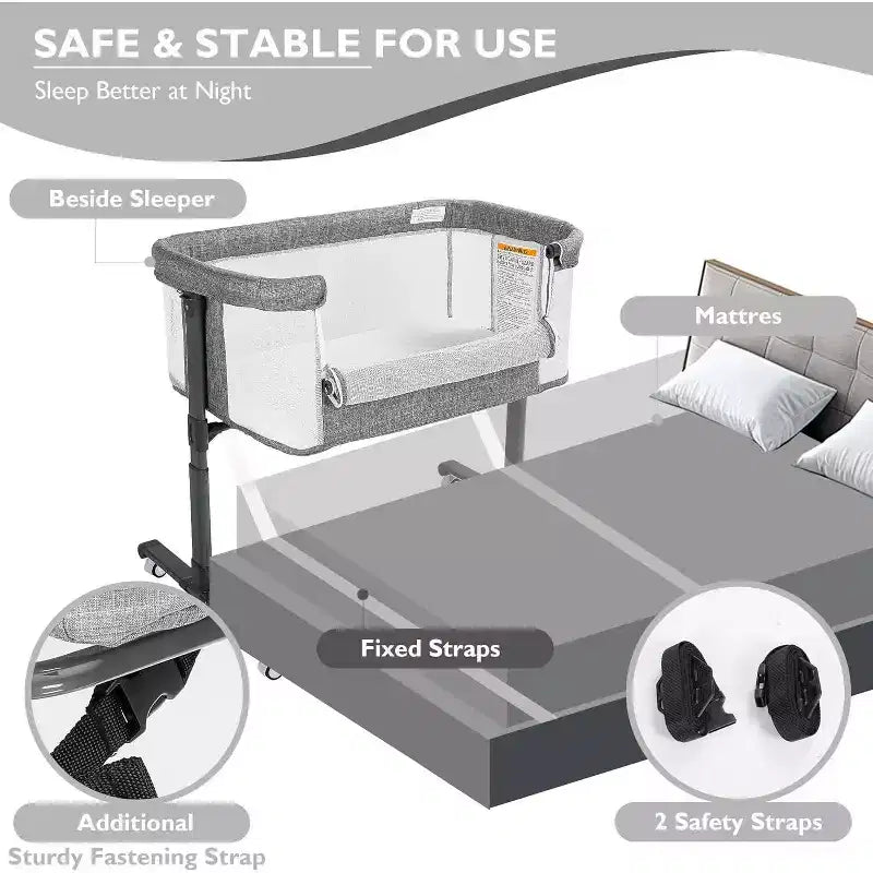 Berceau portatif Kinder King à roulettes, lit cododo tout en maille pour nouveau-né avec matelas doux amovible