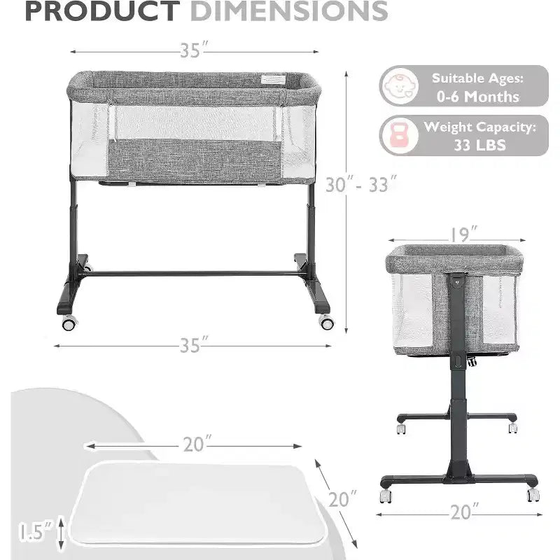 Berceau portatif Kinder King à roulettes, lit cododo tout en maille pour nouveau-né avec matelas doux amovible