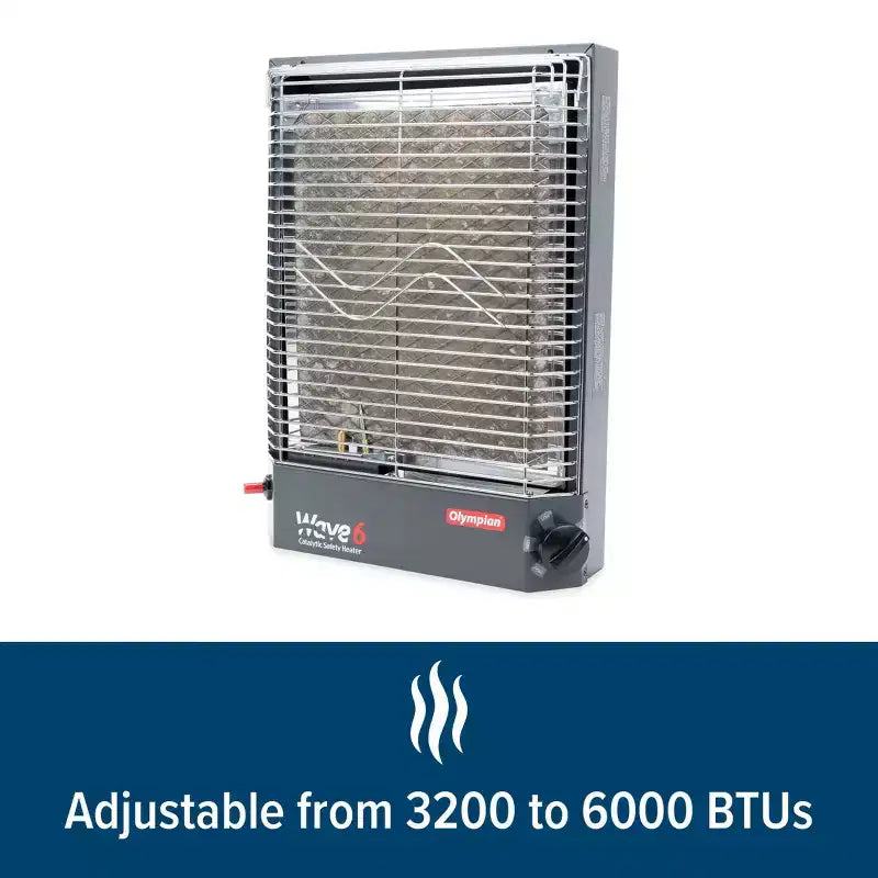 Chauffage catalytique portatif Camco Olympian Wave-6 pour VR, maison ou bureau, réglable de 3 200 à 6 000 BTU, à utiliser uniquement dans des endroits ventilés