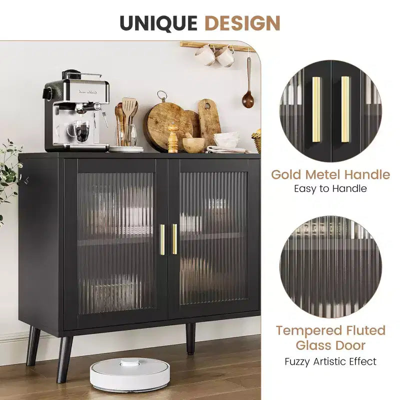 Buffet vaisselier, buffet noir de 121 cm, buffet de cuisine moderne avec porte vitrée et étagères amovibles