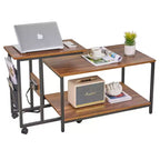 VECELO Lot de 2 tables basses gigognes, tables réglables pour salon, ensemble de tables gigognes avec ports USB et roulettes, marron