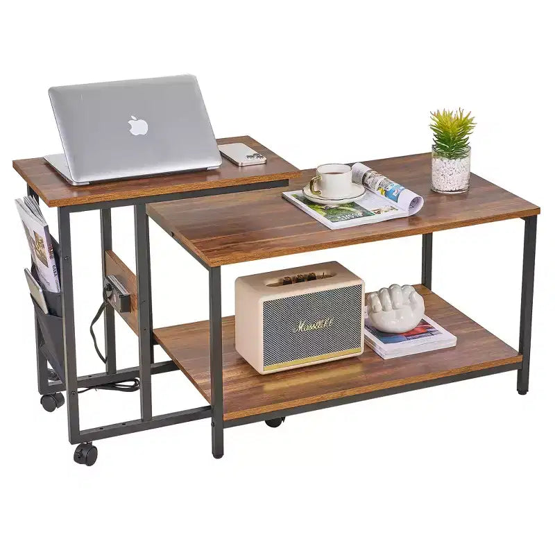VECELO Lot de 2 tables basses gigognes, tables réglables pour salon, ensemble de tables gigognes avec ports USB et roulettes, marron