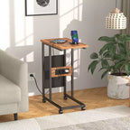 VECELO Lot de 2 tables basses gigognes, tables réglables pour salon, ensemble de tables gigognes avec ports USB et roulettes, marron