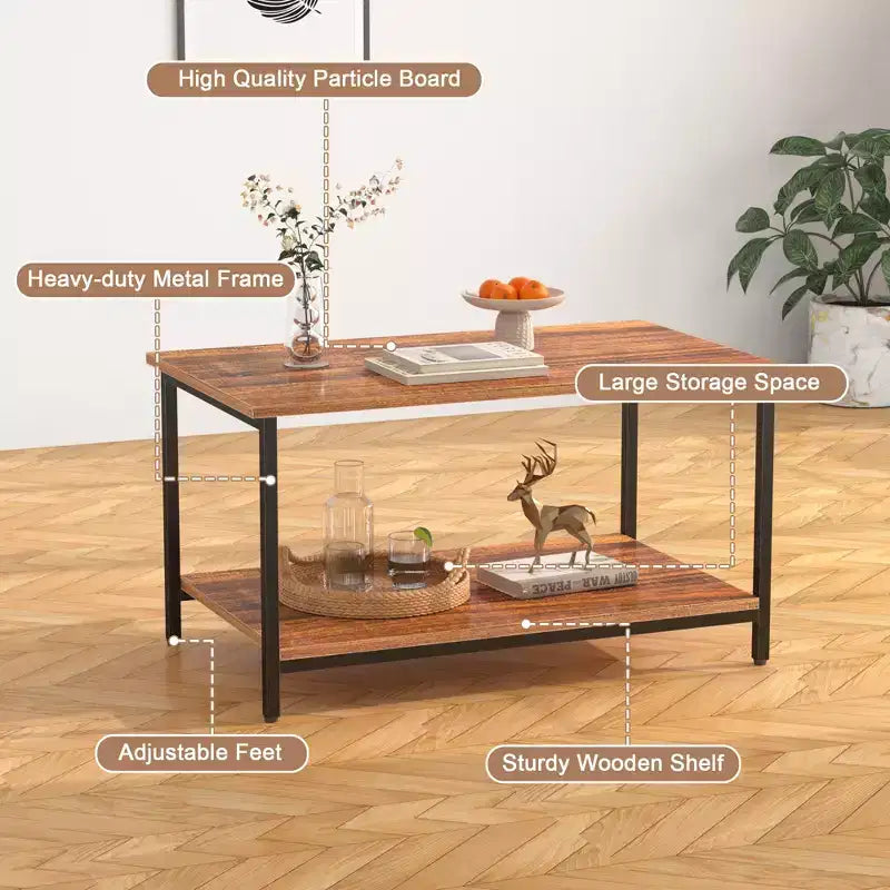 VECELO Lot de 2 tables basses gigognes, tables réglables pour salon, ensemble de tables gigognes avec ports USB et roulettes, marron