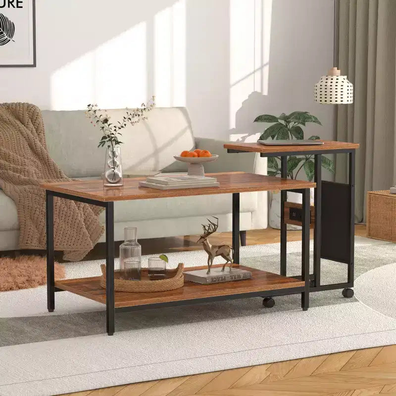 VECELO Lot de 2 tables basses gigognes, tables réglables pour salon, ensemble de tables gigognes avec ports USB et roulettes, marron